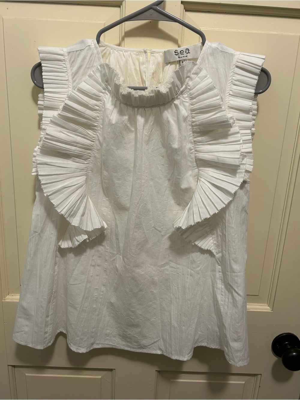 Sea New York White Cotton Pleated Ruffle Flutter Sleeve Blouse Top Sz 8